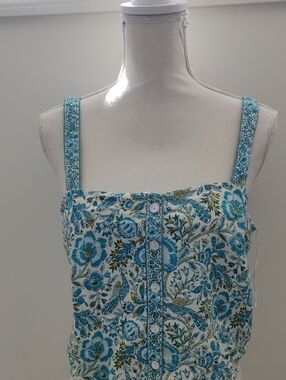 Rachel Zoe Blue Floral Button-Front Women's Linen Tank Top Country Chic Y2K Retr